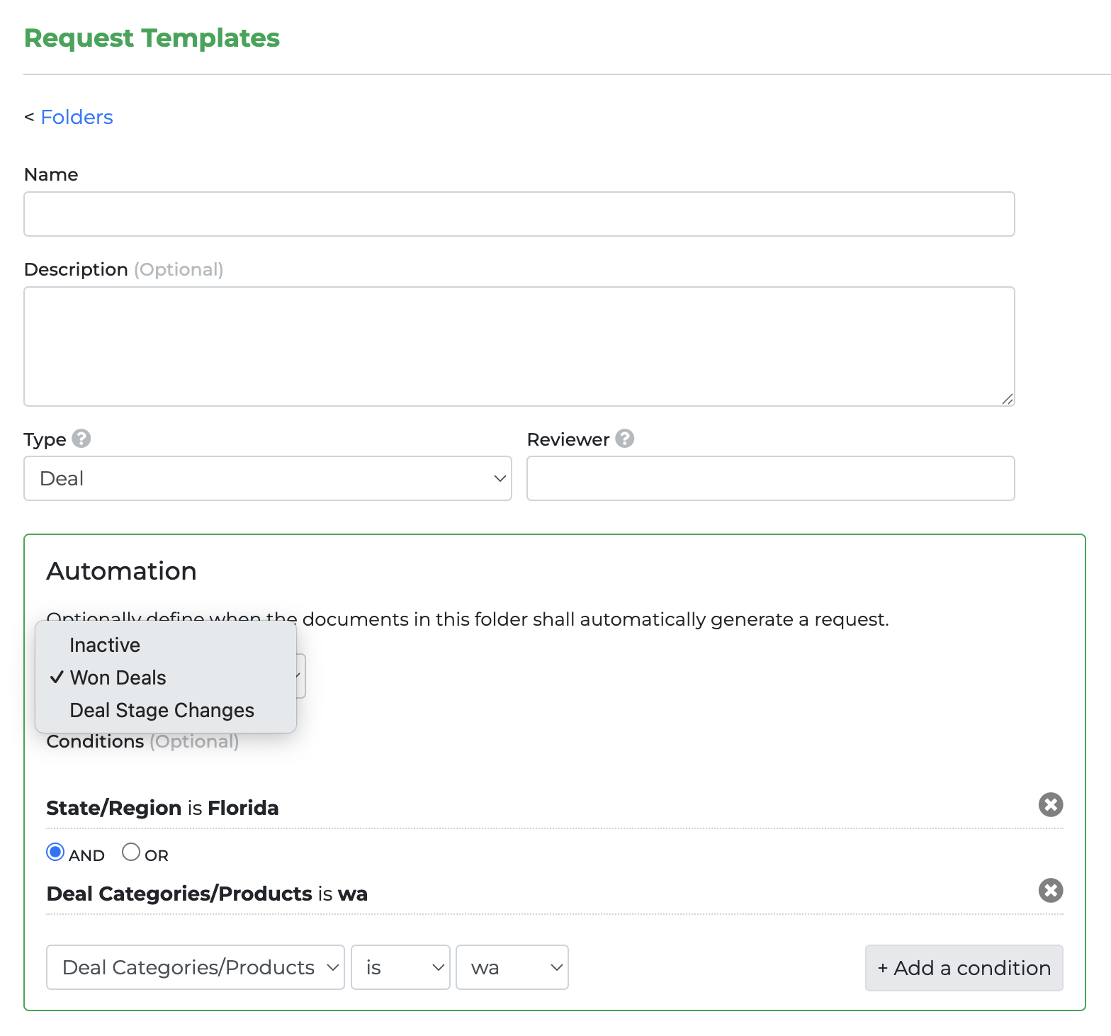 Deal Automation settings for Document Requests