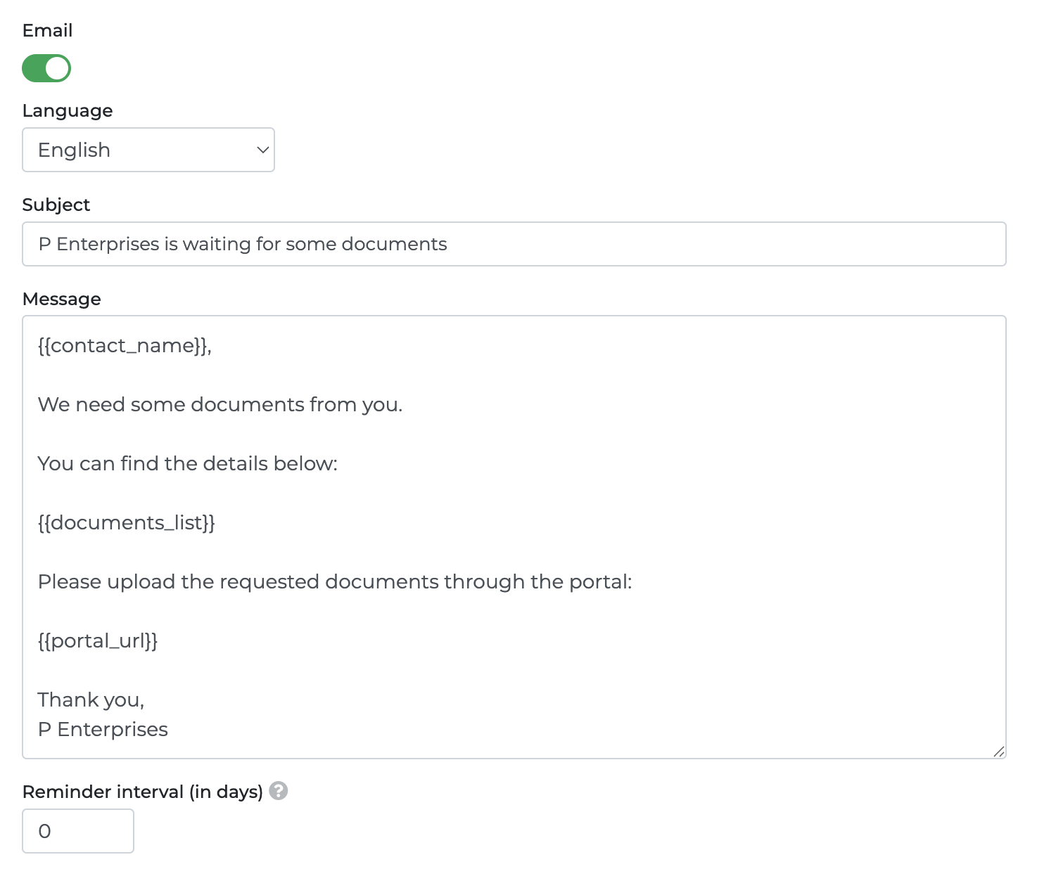Document Request email notification settings