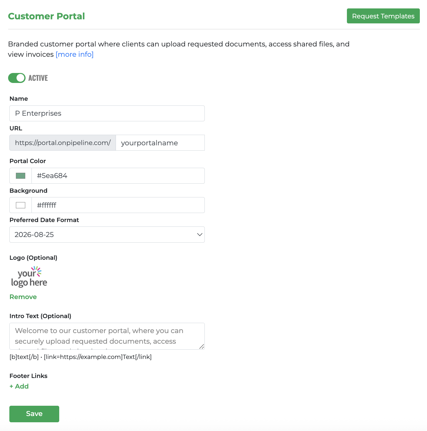 Customer Portal settings in Onpipeline